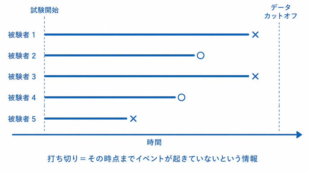 打ち切りの概念図:5人の被験者の観察期間を横棒で示し、イベント発生と打ち切りを区別して表した図