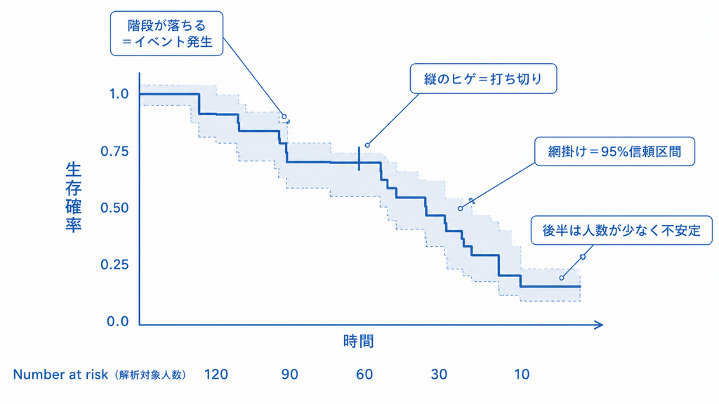 カプランマイヤー曲線の読み方:階段の下降がイベント発生、縦のヒゲが打ち切り、網掛けが95%信頼区間であることを示した注釈図